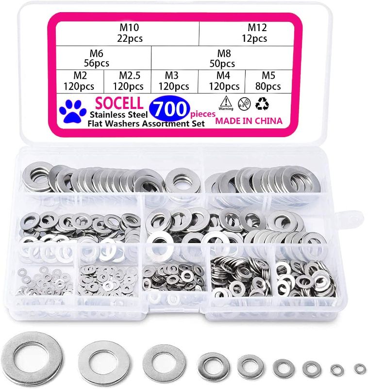 Photo 1 of 304 Stainless Steel Flat Washers Assortment Set,Socell 700pcs 9 Sizes Lock Metal Flat Washers for Bolt Screws Hardware Assortment kit