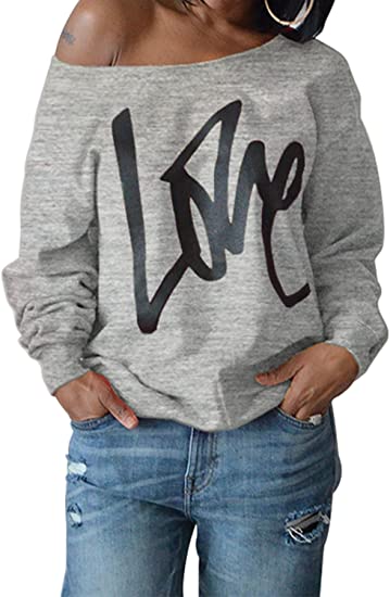 Photo 1 of  Womens Love Letter Printed Off Shoulder Pullover Sweatshirt Slouchy Tops Shirts  SMALL
