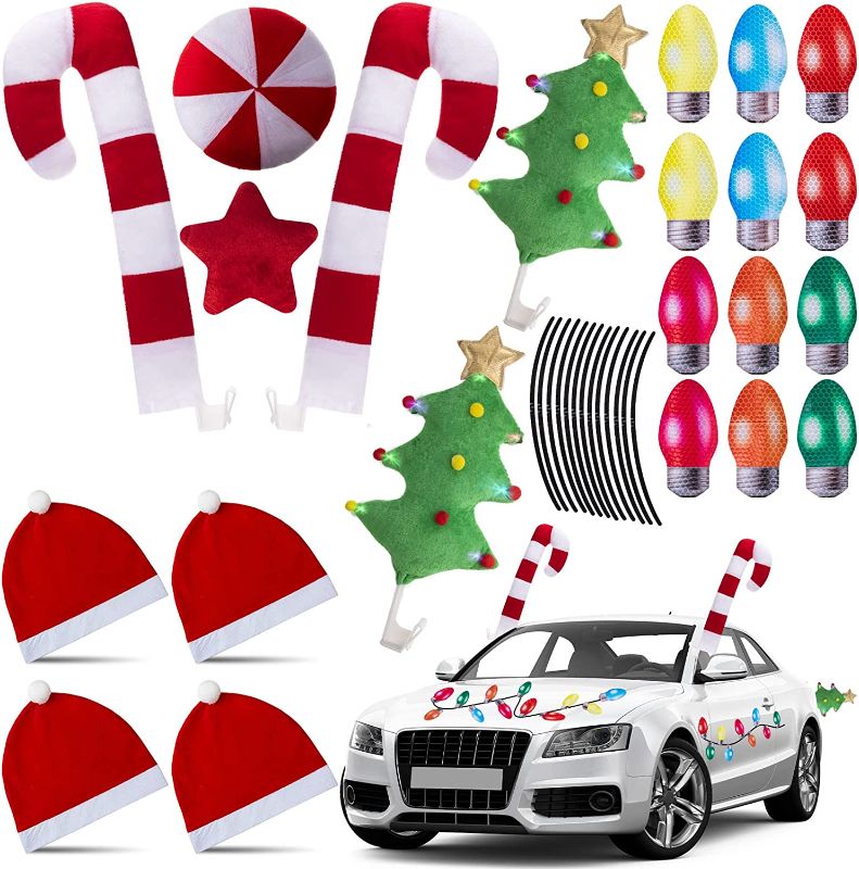 Photo 1 of 44 Pcs Christmas Car Decorations Set Include Car Reindeer Antlers and Nose, Green Christmas Tree Decor, 12 Reflective Bulb Light Shaped Magnets, 22 Magnetic Wires Ornaments, 4 Car Seat Headrest Covers