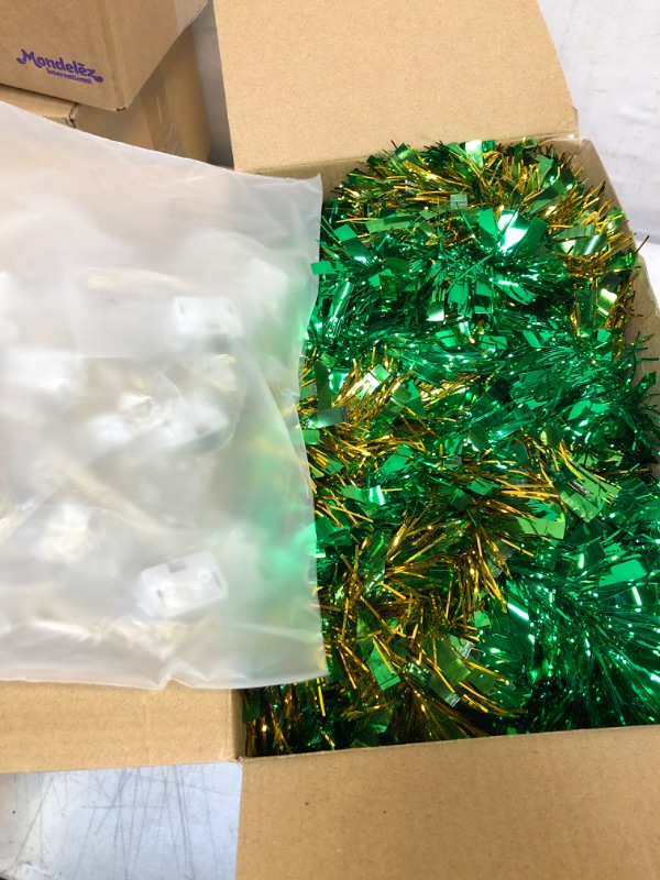 Photo 2 of 157.44 ft Christmas Green Foil Tinsel Garland Metallic Tinsel Twist Garland Green Christmas Tree Topper Decorations with 12 Pcs LED Lights and Other Accessories for Xmas Tree Outdoor Indoor Bedroom