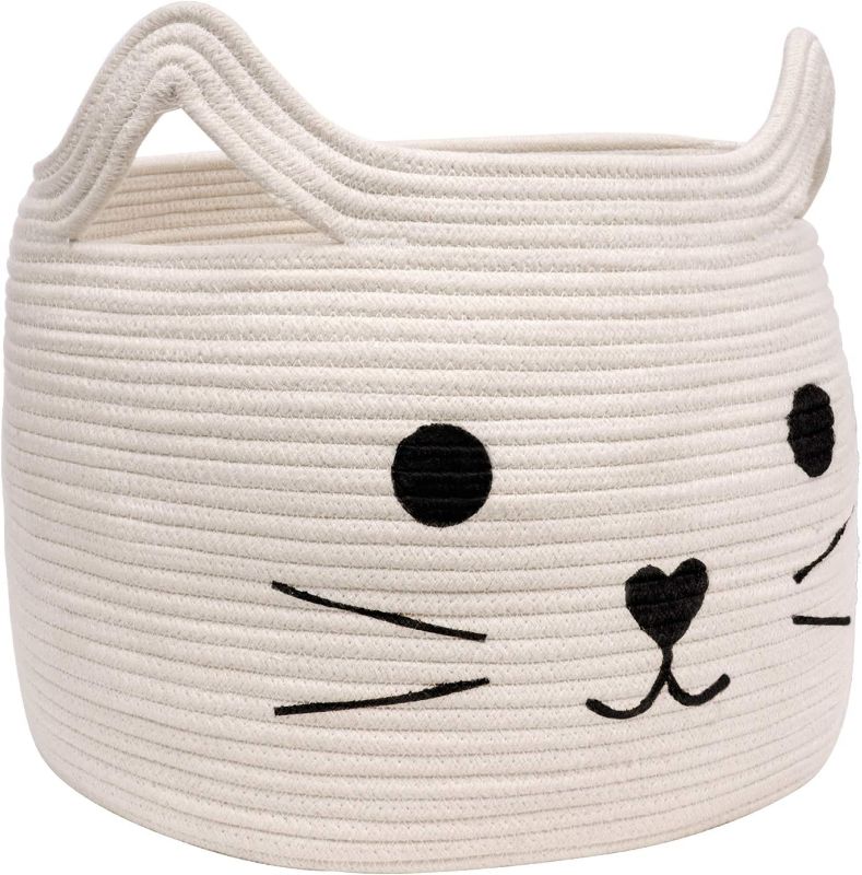 Photo 1 of  Large Woven Cotton Rope Storage Basket, Laundry Basket Organizer for Towels, Blanket, Toys, Clothes, Gifts | Pet Gift Basket for Cat, Dog - 15.7" L×11.8" H