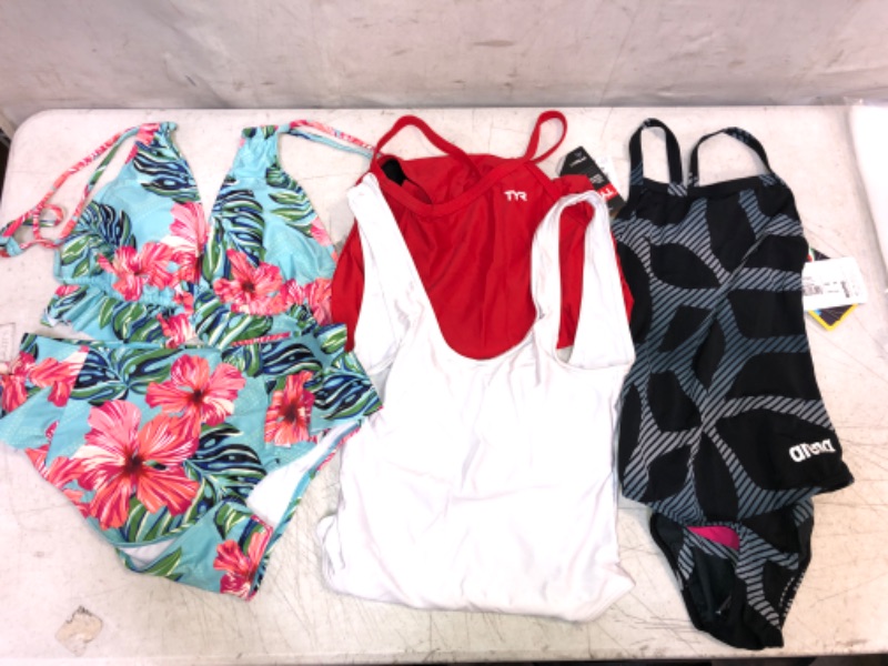 Photo 1 of 4 WOMENS SWIMSUITS: WHITE SIZE XS; NAVY SIZE 26; PINK SIZE 38; BIKINI TOP SIZE XL; BIKINI BOTTOM SIZE L