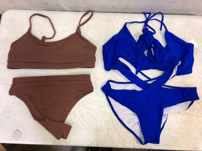 Photo 1 of 2 WOMENS SWIMSUITS: blue size large; mauve top size large; mauve bottom size medium