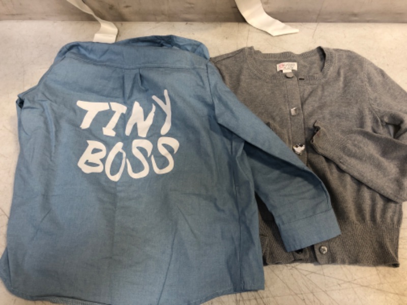 Photo 1 of GIRLS CLOTHES: 1 white dress sz 3; 1 blue top "TINY BOSS" no size; 1 grey cardigan size 7/8