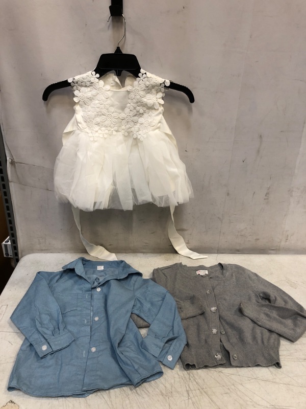 Photo 1 of GIRLS CLOTHES: 1 white dress sz 3; 1 blue top "TINY BOSS" no size; 1 grey cardigan size 7/8