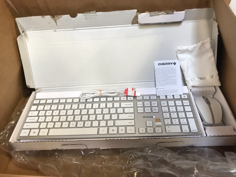 Photo 1 of CHERRY DW 9100 Slim Wireless Keyboard and Mouse Set Combo Rechargeable with SX Scissor Mechanism, Silent keystroke Quiet Typing with Thin Design for Work or Home Office. (White & Silver)