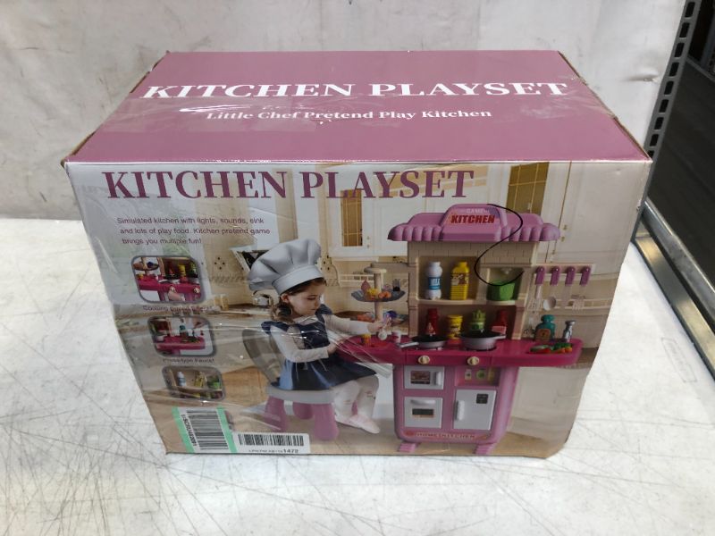 Photo 3 of Kids Play Kitchen Playset for Toddlers Girls, Toy Kitchen Sets Pretend Play Food Toy with Chair for Girls Kids Ages 3-8, Kitchen Accessories Set with Light Sound Spray, for Kids Girls Toddlers
