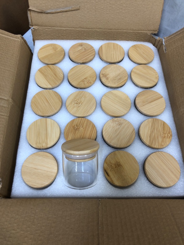 Photo 1 of  20 Pcs 6 OZ Thick Glass Jars with Wood Lids, Clear Empty Jars for Making Candles, Spice Jars, Sample Container - Dishwasher Safe