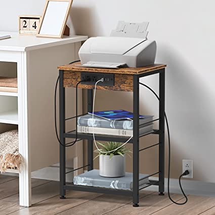 Photo 1 of  2-Tier Home Printer Table for Small Spaces with Charging Station Small Wood Printer Shelf Rack with Storage and USB Ports Industrial for Fax Machine Scanner Office, Brown and Black