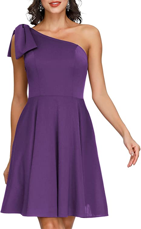 Photo 1 of JASAMBAC Women's Bow One Shoulder Dress with Pockets A-line Cocktail Party Dress