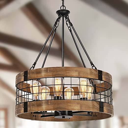 Photo 1 of 6-Light Farmhouse Wood Chandelier for Dining Room, Rustic Foyer Light Fixtures, Industrial Drum Hanging Lights for Kitchen Island Entryway, Nature Wood Texture and Black Metal Finish