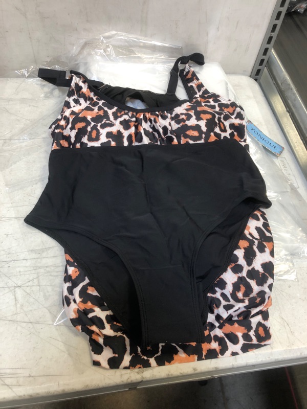 Photo 2 of Yonique Two Piece Blouson Tankini Swimsuits for Women Modest Bathing Suits Loose Fit Swimwear Leopard SIZE Medium