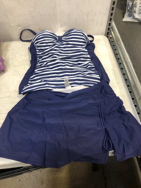Photo 2 of Yonique Womens Tankini Swimsuits with Skirt Two Piece Ruched Bathing Suits Push Up Swimwear Blue Stripe SIZE Small