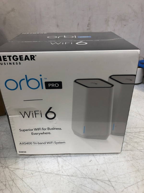 Photo 2 of NETGEAR Orbi Pro WiFi 6 Tri-Band Mesh System (SXK50), Router with 1 Satellite Extender for Business or Home, VLAN, QoS, Coverage up to 5,000 sq. ft, 75 Devices, AX5400 802.11 AX (up to 5.4Gbps) AX5400 | 2 Pack