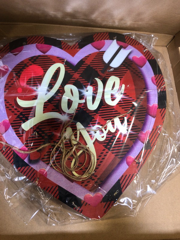 Photo 2 of 12 Inch Lighted Valentines Day Door Sign Wreath Red Heart Happy Valentine's Day Wooden Farmhouse Decorations Valentine Plaid Hanging Sign Wall Plaque for Valentine's Day Table Window Door Wall Decor