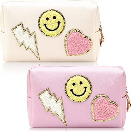 Photo 1 of 2 Pieces Preppy Patch Makeup Bag Small Smile Heart Preppy Cosmetic Bag PU Leather Portable Waterproof Toiletry Organizer Bag Preppy Pouch for Women Girls Gift (Pink, Golden Shell, Heart, Smile)