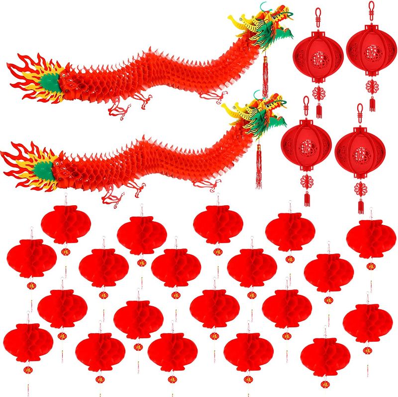 Photo 1 of 26 Pieces Chinese New Year Dragon Chinese 3D Plastic Dragon 20 Pcs 10 Inch Chinese Red Lanterns for Home New Year Party Decoration Spring Festival Wedding Restaurant