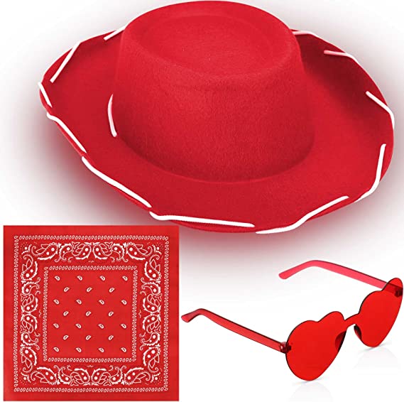 Photo 1 of 3 Pcs Cowgirl Cowboy Hat Set Western Cowgirl Hat with Paisley Heart Shaped Sunglasses Bandanna for Girls Kid Cowboy Women