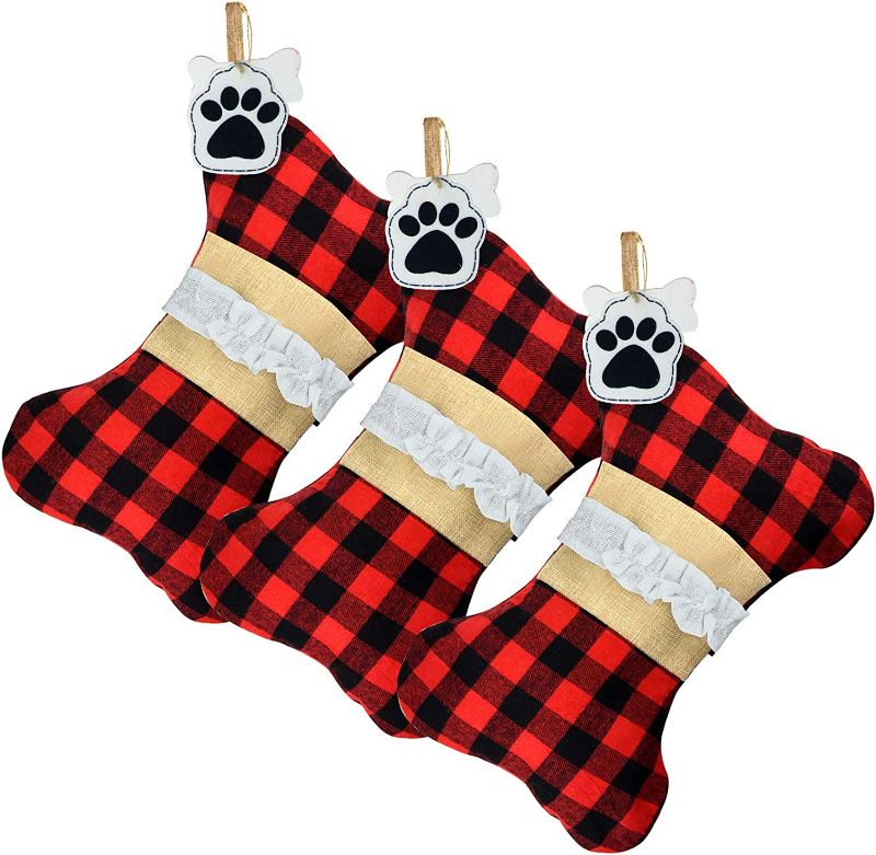Photo 1 of  3 Pack Dog Christmas Stockings Pet Dog Christmas Stockings Plaid Bone Shape Hanging Christmas Stocking for Christmas Decorations (Red)
