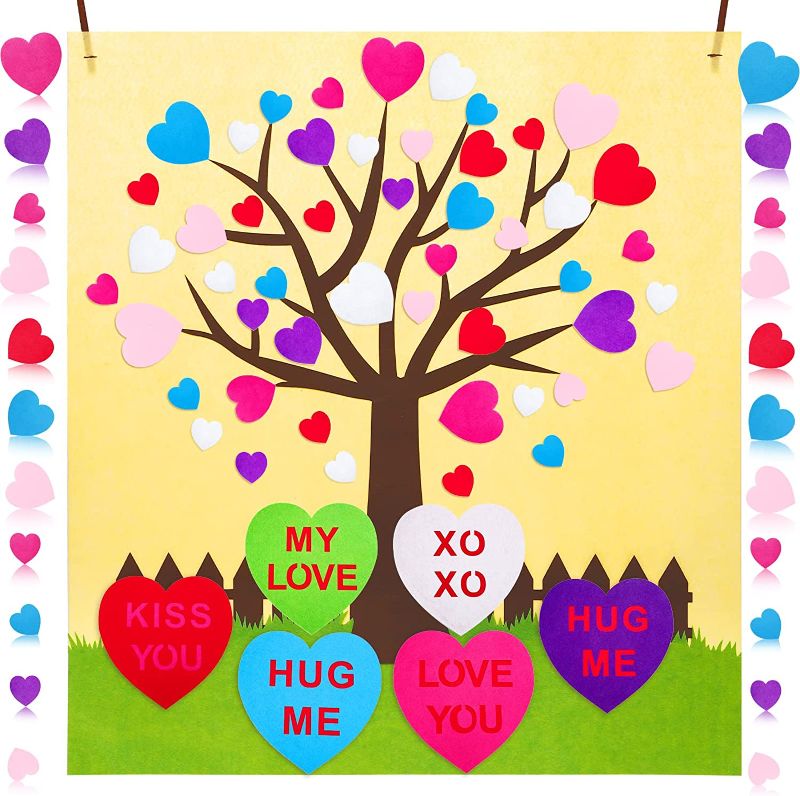 Photo 1 of 67 Pcs Valentine Conversation Heart Tree Felt Craft Kit DIY Love Tree Set with 66 Pcs Heart Shaped Detachable Ornaments Happy Anniversary Day Wall Hanging Decor Valentine Party Favors Gift for Kids
