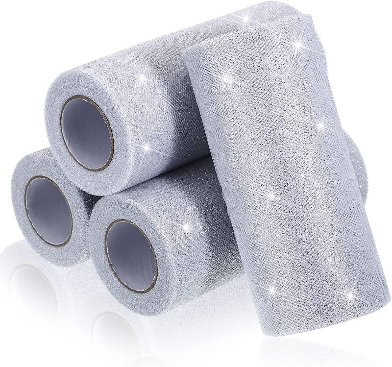 Photo 1 of 4 Rolls Christmas Tulle Ribbon 6" by 100 yd Glitter Tulle Rolls Fabric Ribbon Glitter Fabric Tulle Spool 25 yd Per Roll for Christmas Wedding Gift Birthday Bridal Shower Wrapping Decoration
