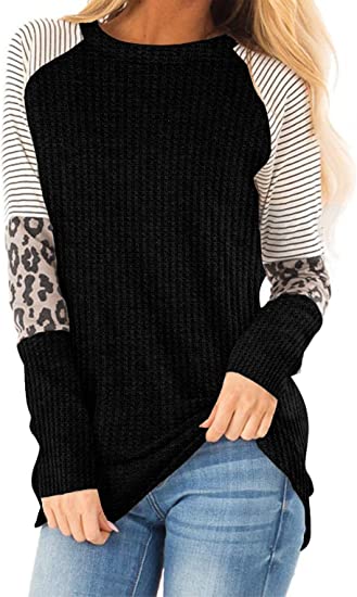 Photo 1 of IWOLLENCE Women's Long Sleeve Tops Waffle Knit Tunics Leopard Stripe Color Block Casual Shirts Round Neck Sweatshirt
L 
