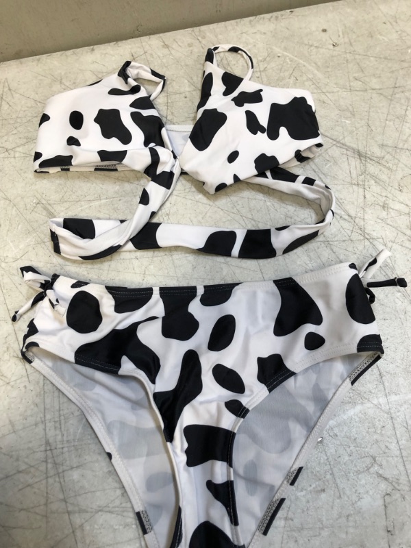 Photo 2 of Milumia Girl Cute Cow Print Criss Cross Bikini Wrap Knot Side Swimsuit Bathing Suit -- SIZE 9