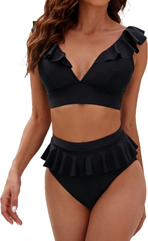 Photo 1 of Blooming Jelly Womens High Waisted Bikini Sets Ruffle Swimsuits Two Piece High Cut Bikini High Leg V Neck Bathing Suits