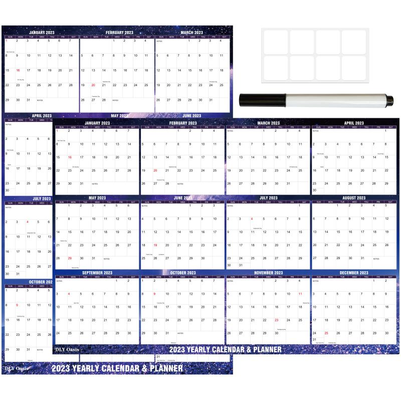 Photo 1 of 24" x 36" DLY Oasis 2023 Wall Calendar Dry Erase - Starry Sky Calendar Wet & Dry Erasable Laminated 12 Month Annual Yearly Planner, Reversible, Horizontal/Vertical (Purple) - SET OF 5 -