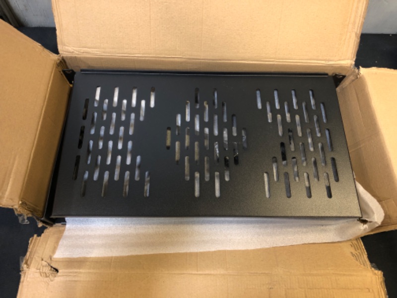 Photo 1 of RIVECO 2PCS 1U Rack Shelves, 19” Cabinet Mount 1 U Tray Vented Cantilevers for Computer Case Shelf Mounting, 10 Inches 25CM Depth, Black