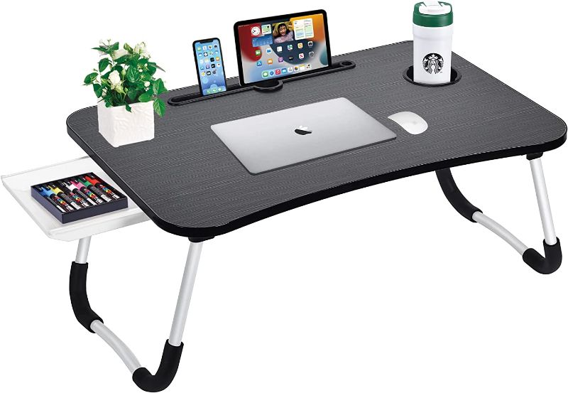 Photo 1 of Laptop Bed Desk Table Tray Stand with Cup Holder/Drawer for Bed/Sofa/Couch/Study/Reading/Writing On Low Sitting Floor Large Portable Foldable lap desk bed trays for eating and laptops - BOX DAMAGED - HAS SMALL SCRATCH ON BACK -