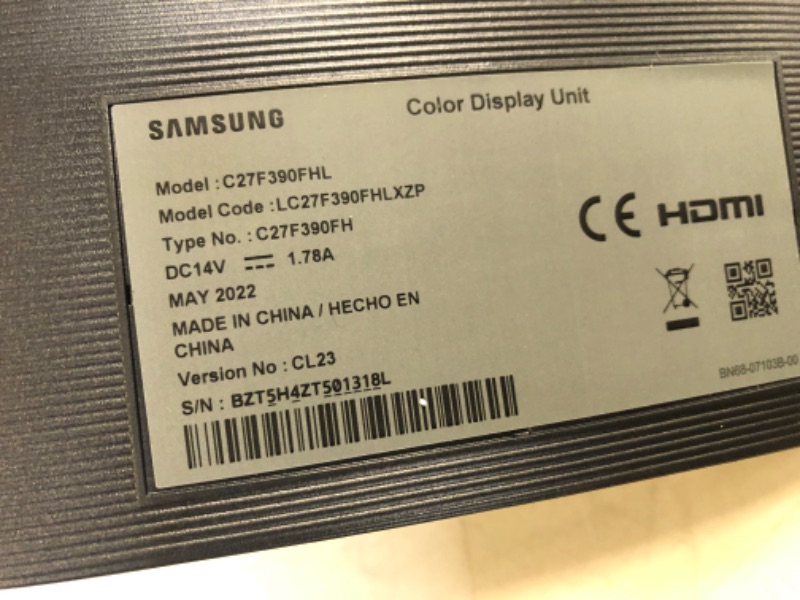 Photo 1 of Samsung CF390 Series 27 inch FHD 1920x1080 Curved Desktop Monitor for Business, HDMI, VGA, VESA mountable, 3-Year Warranty, TAA (C27F390FHN), Black