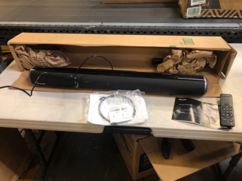 Photo 2 of Wohome Sound Bar, 38 Inch 100W Soundbar for TV with 6 Speakers, LED Display, HDMI-ARC, Bluetooth 5.0, Optical, AUX, USB Input, 110 dB 3D Surround Sound Home Theater Audio TV Speakers Systems S9920 ** UNABLE TO TEST BUT TURNS ON // DENTED //SLIGHTLY USED 
