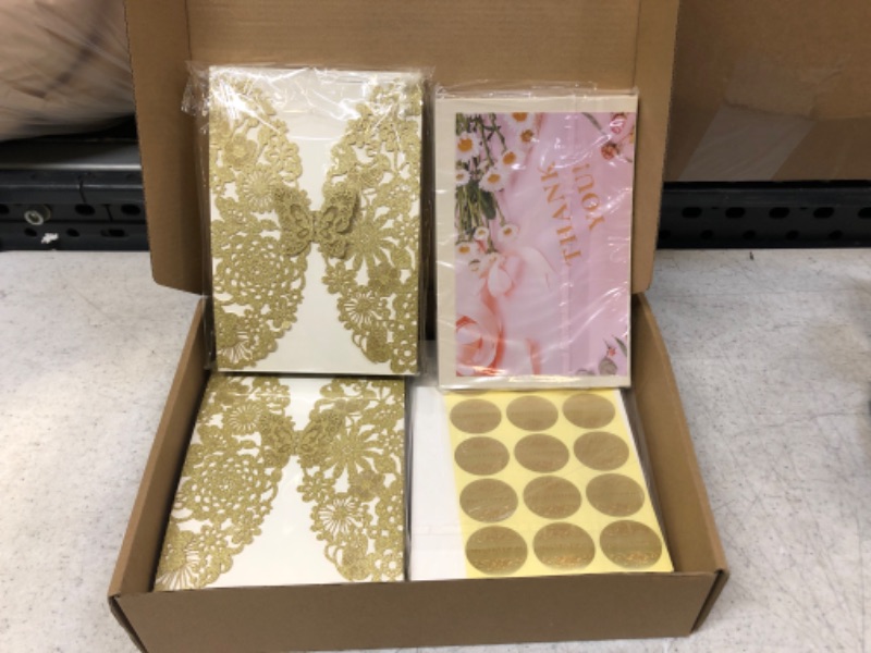 Photo 2 of Hosmsua 5''x7.3'' 50pcs Champagne Laser Cut Flora Wedding Invitation Cards with Butterfly and Envelopes for Quinceañera Bridal Shower Wedding invite (Champagne Glitter) light gold Champagne Glitter 50PCS Blank