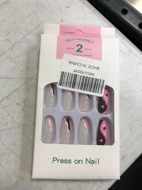 Photo 2 of  Press On Nails Medium Length French Coffin Fake Nails Glue on Nails With Design
