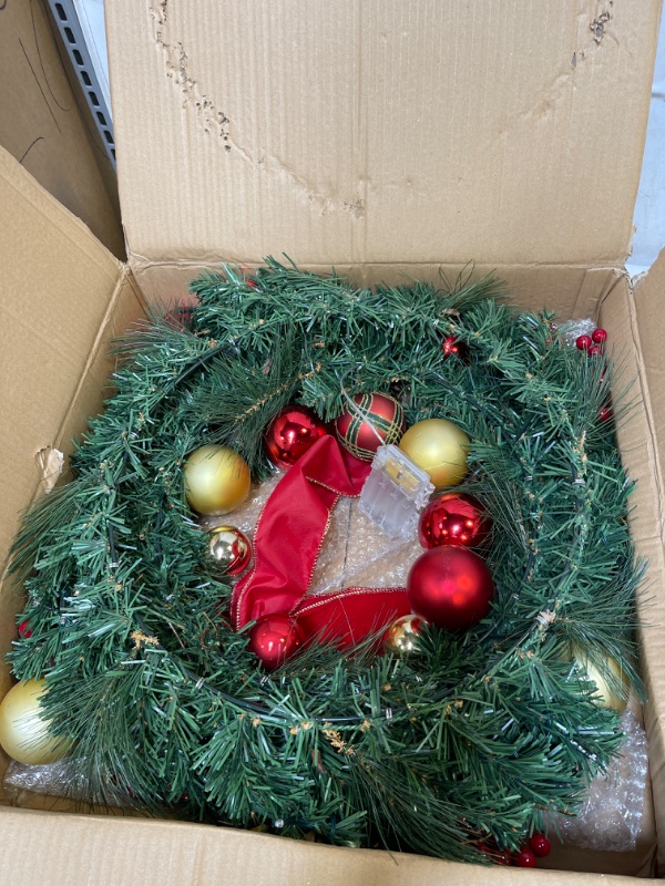 Photo 1 of 24 Inch Prelit Christmas Wreaths for Front Door Outside Vlorart Large Christmas Wreath with 60 Led Lights Red Bow and Colored Balls?Battery Operated with Timer Christmas Wreath for Home Decoration