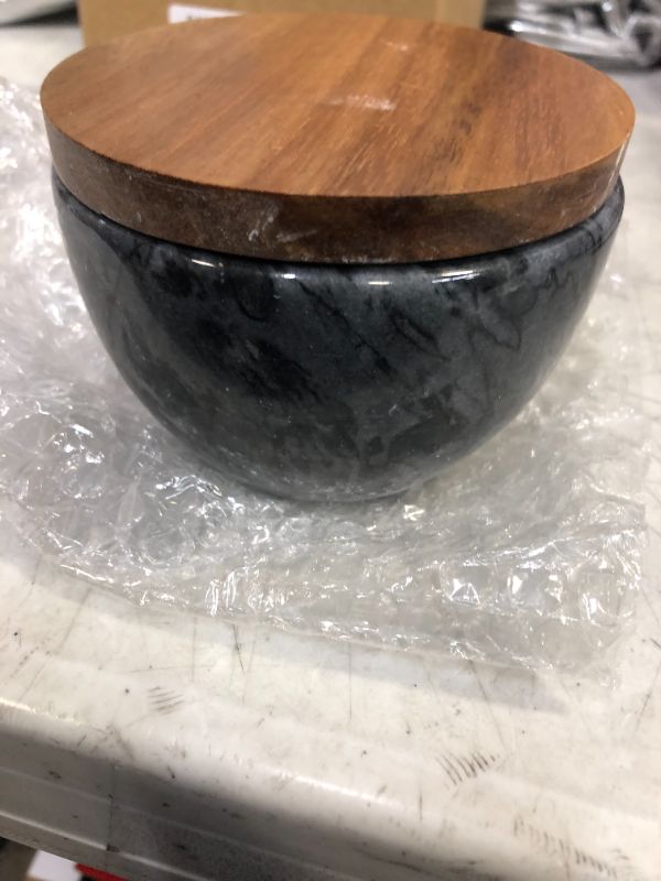 Photo 4 of  Salt Box with Black Marble Base and Solid Natural Acacia Wooden Lid, Salt Spice Seasonings Keeper Container Bowl 
