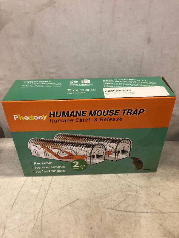 Photo 2 of  Phosooy Mouse Trap,  Transparent No Kill Mice Trap That Work, Plastic Humane Live Catch Release Mouse Trap Indoor Outdoor (2)
