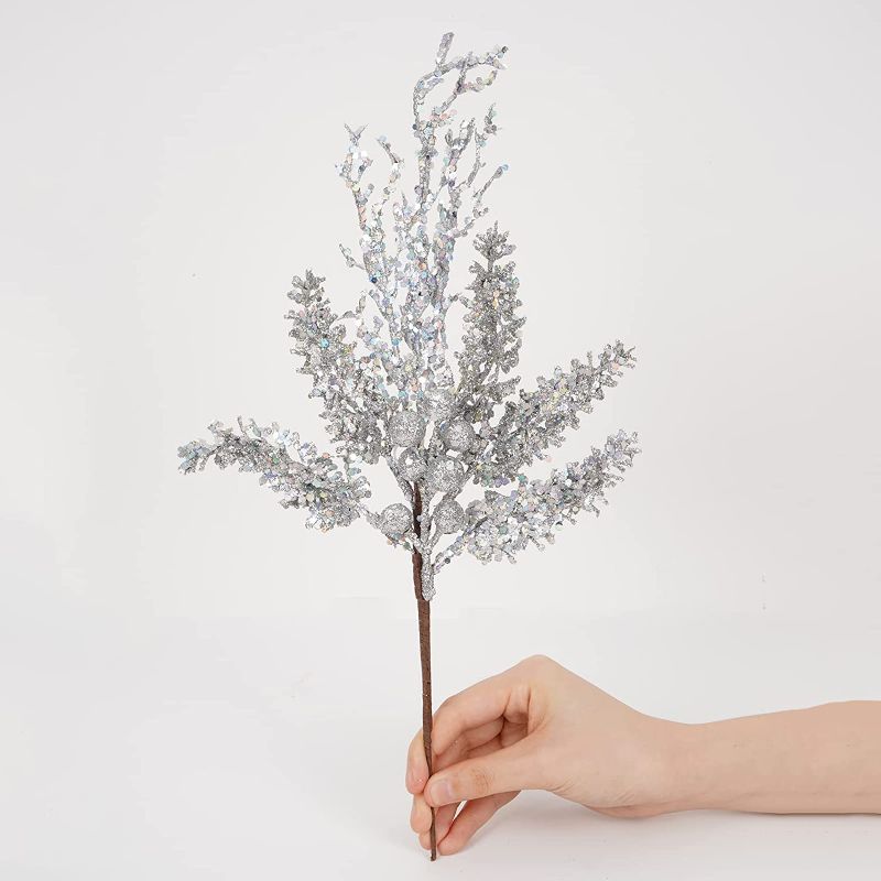 Photo 1 of  8 Pcs 14 inch Christmas Artificial Silver Branches with Glitter Berries and Frozen Leaves