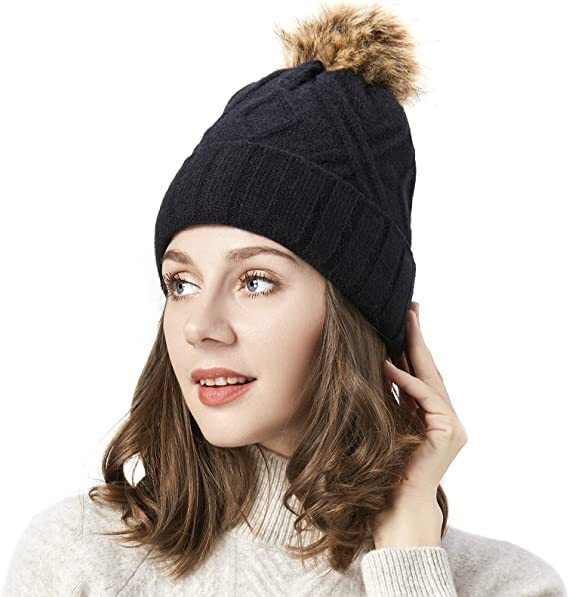 Photo 1 of  Winter Hats for Women - Faux Fur Pom Fleece Lined Cable Knit Womens Beanie Hat for Cold Weather
