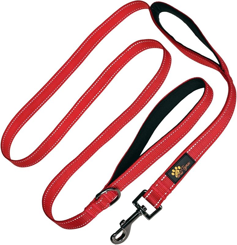 Photo 1 of  Comfortable 6 ft Red Dog Leash for Small, Medium, Large Dog Breeds - Double Handle Padded with Ultra Soft Neoprene - Heavy Duty, Reflective, Weatherproof, and Chew Proof Dog Lead
