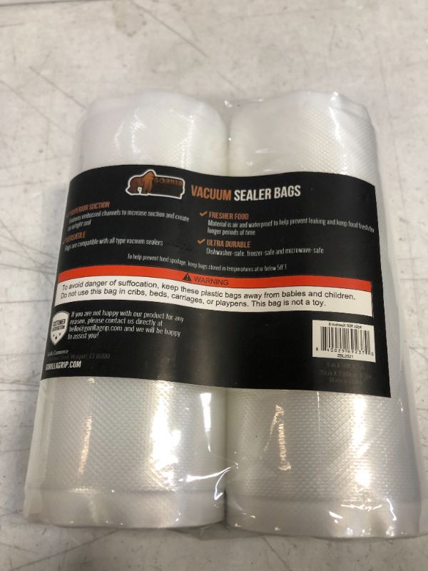 Photo 1 of Gorilla Grip Airtight Vacuum Sealer Bags, 2 Pack, 6x Fresher Food, Pack A Meal Saver, Leakproof, Puncture Resistant, Prevents Freezer Burn, for Sous Vide, Microwave and Dishwasher Safe, 8 IN x 50 FT