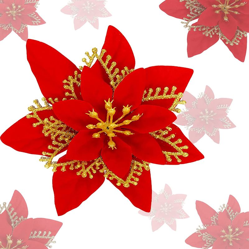 Photo 1 of 16 Pieces Christmas Glitter Artificial Poinsettia Flowers