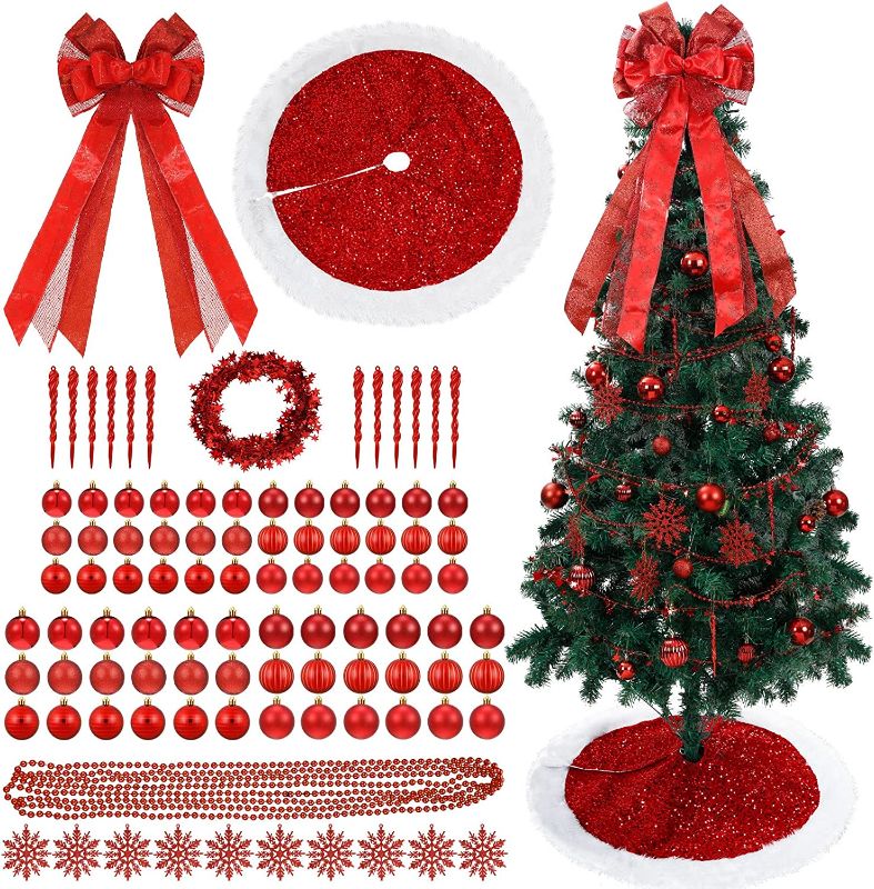 Photo 1 of  98 Pcs Christmas Tree Ornaments Set, Includes Topper Bow Skirt Ball Snowflakes, Decorative Assorted Baubles Pendants 