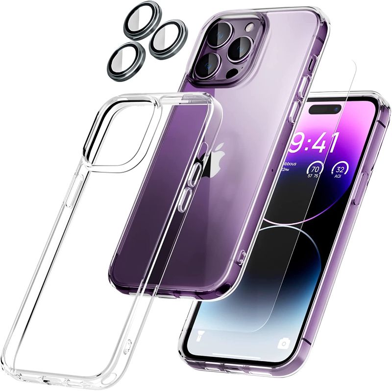 Photo 1 of Aven [5 in 1 for iPhone 14 Pro Max Case Clear, with 3 Tempered Glass Screen Protectors + 3 Independent Camera Lens Protectors 6.7 Inch Crystal Clear iPhone 14 Pro Max Case with Screen Protector -- PACK OF 4
