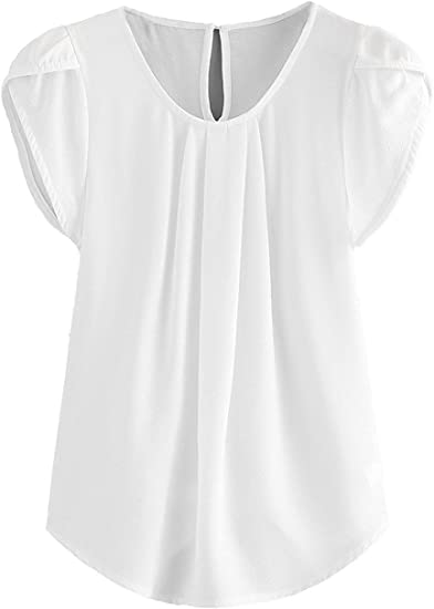 Photo 1 of Casual Round Neck Basic Pleated Top Cap Sleeve Curved Keyhole Back Blouse MEDIUM
