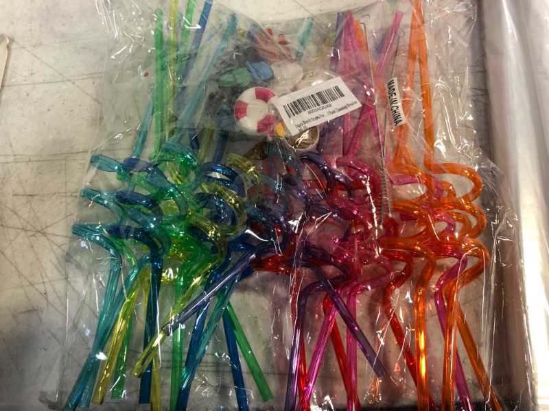 Photo 2 of 24 Pcs Summer Beach Pool Party Favor Drinking Straws Summer Party Favor for Pool Birthday Party Supplies Reusable Plastic Drinking Straws 2 Pcs Cleaning Brushes inside