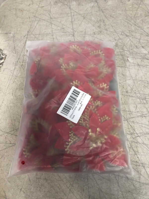 Photo 2 of 16 Pieces Christmas Glitter Artificial Poinsettia Flowers, Christmas Ornaments, Christmas Decorations Flowers with Clips and Branches?Red?