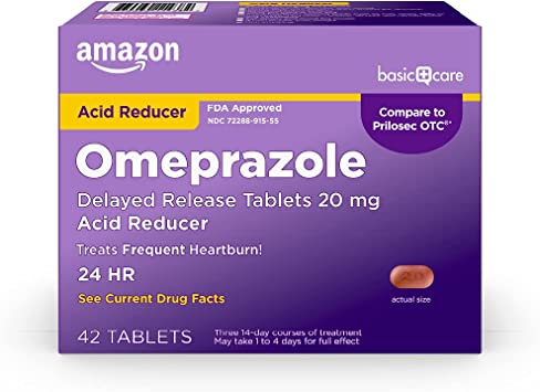 Photo 1 of Amazon Basic Care Omeprazole Delayed Release Tablets 20 Mg, Acid Reducer, Treats Frequent Heartburn, 42 Count (Pack Of 1) BB 4/2023