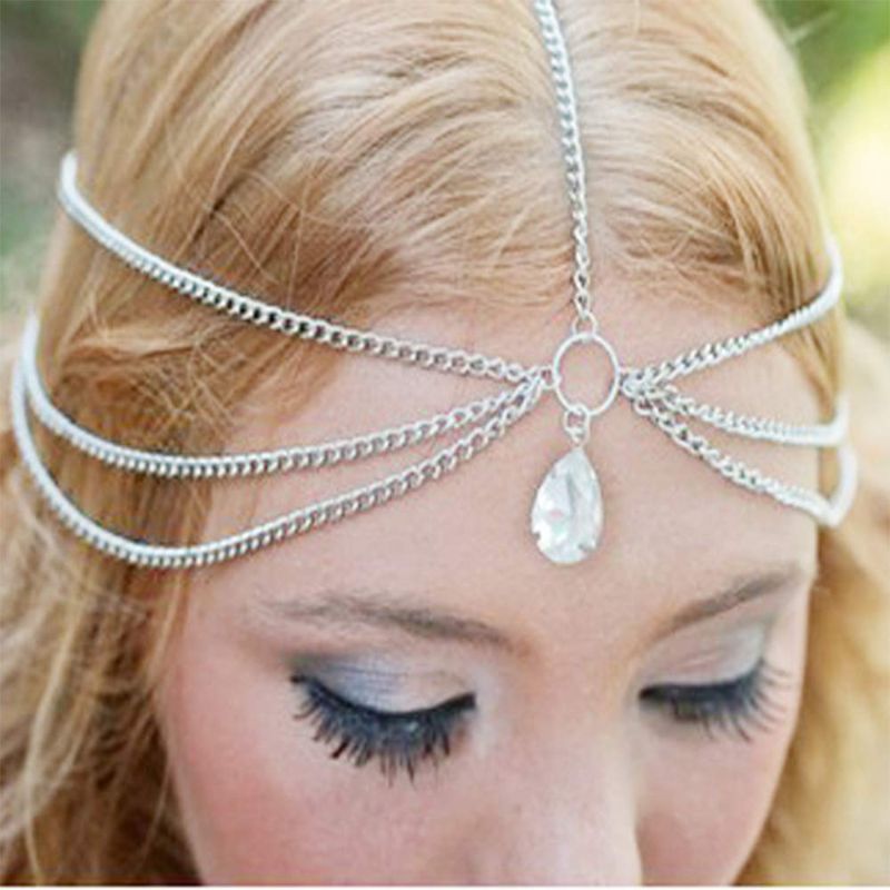 Photo 1 of YERTTE Wedding Water Drop Crystal Headband Boho Hairband Vintage Layered Chain Head Chain Headpieces Hair Accessories Party Hair Jewelry for Women and Girls